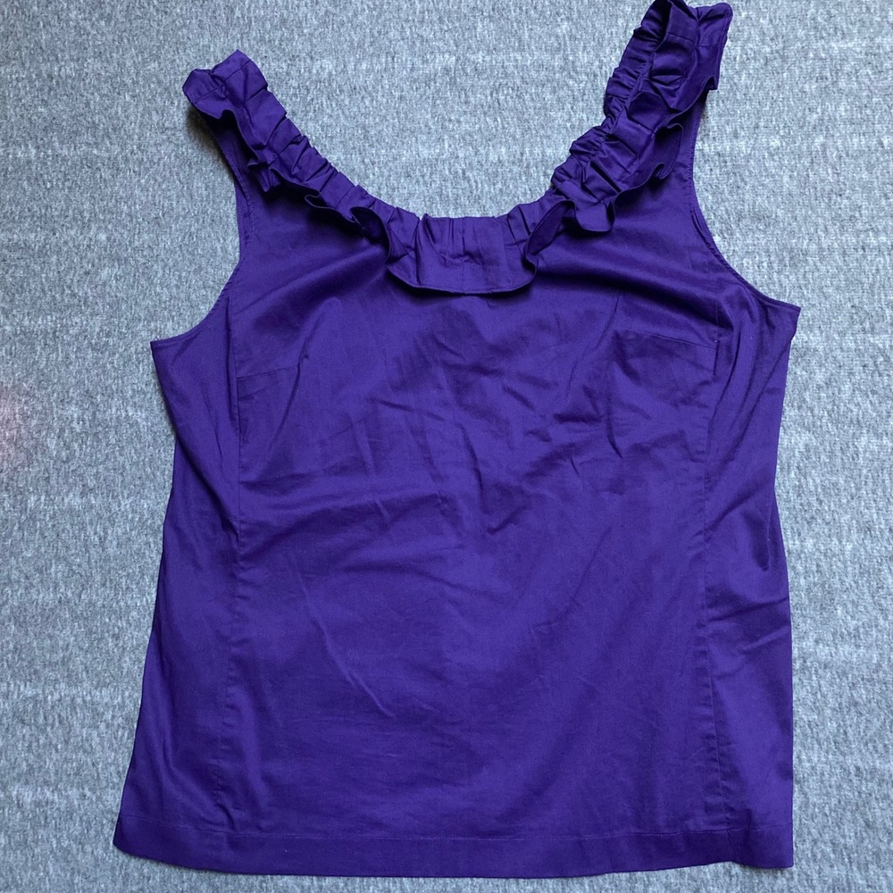 Ann Taylor Purple Ruffle Neck Sleeveless Blouse Side Zip Cotton Blend Top Sz 14